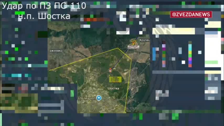 Reconnaissance drone flyover of the burning "Zvezda" 110 kV electrical substation near the city of Shostka, S...